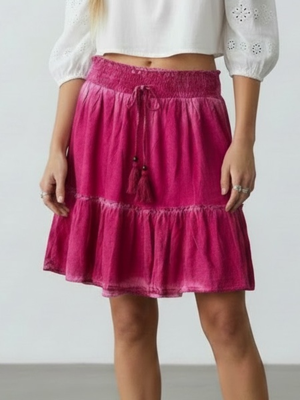 Pilcro Boho Tassel Detail Folk Tiered Skirt Hot Pink Anthropologie